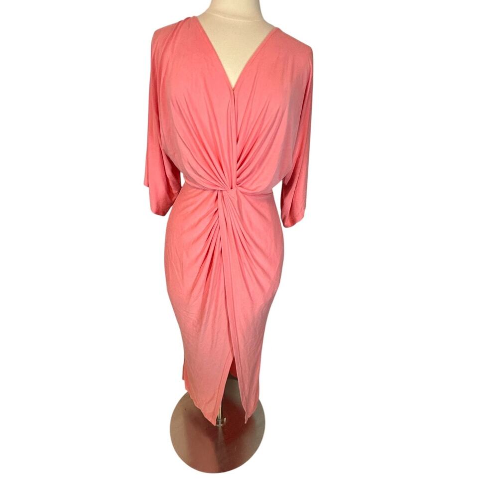 Pink Lily Pink Ruched Maxi Dress 3/4 Sleeve High Slit Women’s Medium